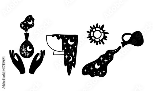 Mystical space objects silhouette - celestial vase with water, moon and sun symbol, wiccan esoteric black and white signs - vector clipart