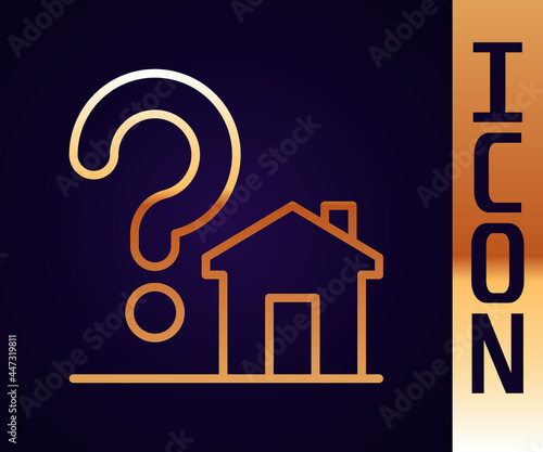 Gold line House with question mark icon isolated on black background. Housing problems, questions. Vector
