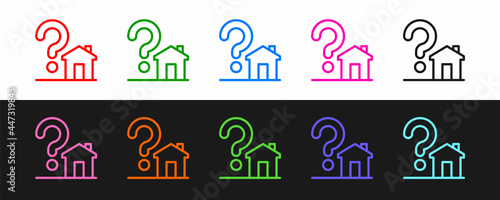 Set line House with question mark icon isolated on black and white background. Housing problems, questions. Vector