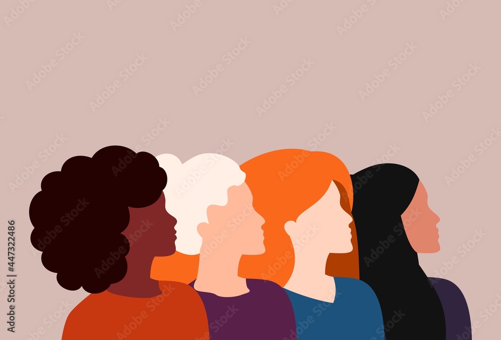 female power, women of different races stand together, cross-cultural friendship, feminist alliance for racial equality, multi-ethnic diversity of people, empowerment and tolerance
