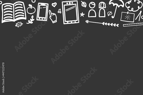 Back to school. Background with hand drawn school elements. Illustration for banners, flyers or posters. Distance home educate
