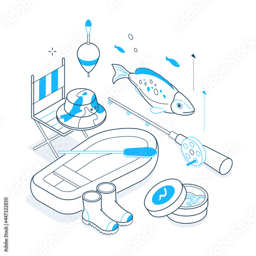 Fishing equipment - isometric blue and black line illustration
