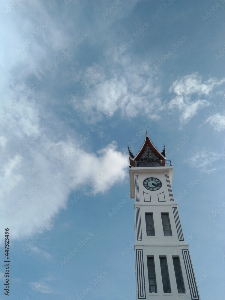 Jam Gadang  clock tower of Bukittinggi. The structure was built in 1926, during the Dutch colonial era, as a gift from Queen Wilhelmina to the city's controleur.