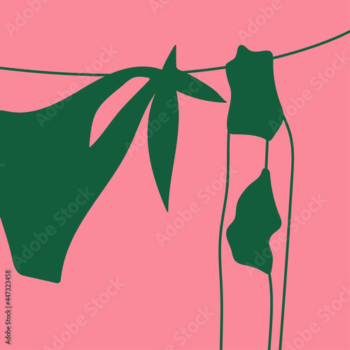 vector bright illustration on the theme of summer holidays. blue bikini drying on a clothesline isolated on pink background. useful for advertisement, postcard, banner, prints, flyers, design elements