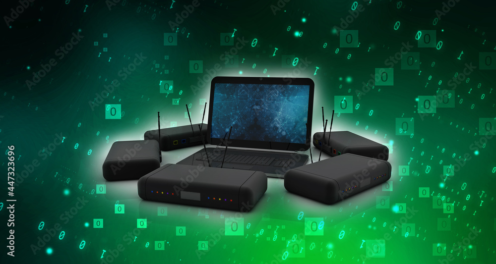 3d rendering Transmitter Wi-Fi modem with laptop 3d rendering Transmitter Wi-Fi modem with laptop
