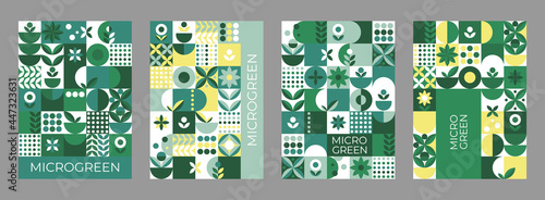 Brochure with micro green cards geometry on white background for print design. Vector banner template. Graphic illustration.