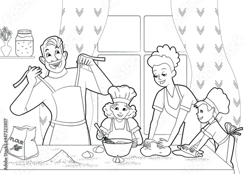 Coloring book happy family preparing dough products together at a large table. Dad, mom, daughter and son spend time together. Vector illustration, black and white line art, cartoon