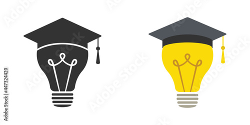 Square academic cap and light bulb. Idea. Set.