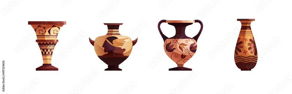 Antique Greek vase with decoration. Ancient traditional clay jar or pot for wine. Vector cartoon illustration.