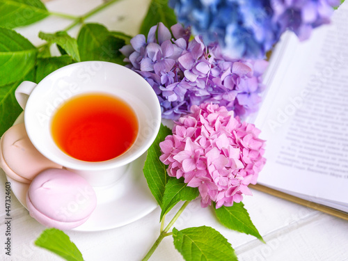 A cup of tea surrounded by hydrangea flowers, with pink marshmallows and an open book. Summer mood, tea party concept.