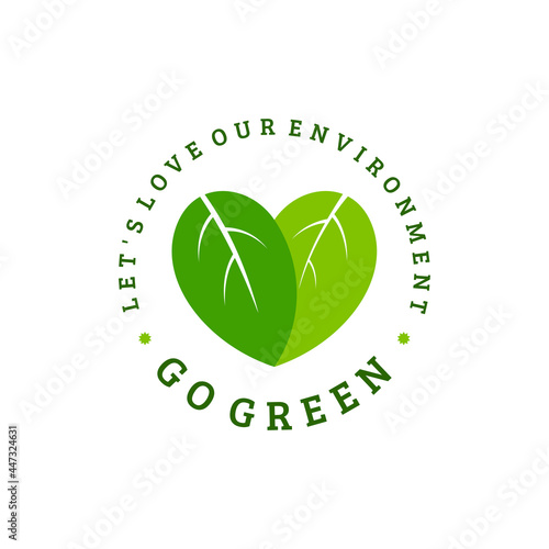 two green leaves forming a heart for go green logo design