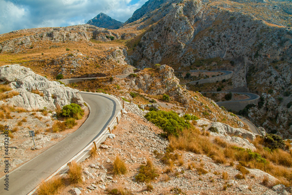 Mountain road in the desert through the mountains, Mallorca, Spain
