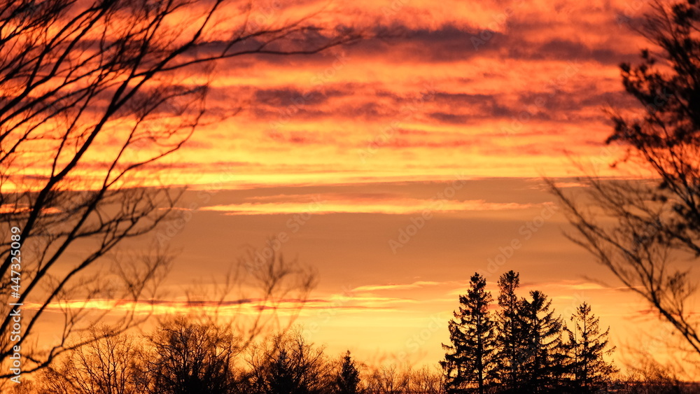 Burning Sunset sky view in idyllic nature setting. High quality photo
