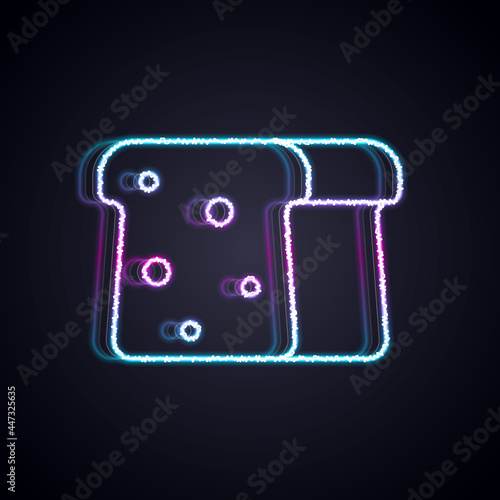 Glowing neon line Bread toast for sandwich piece of roasted crouton icon isolated on black background. Lunch, dinner, breakfast snack. Vector