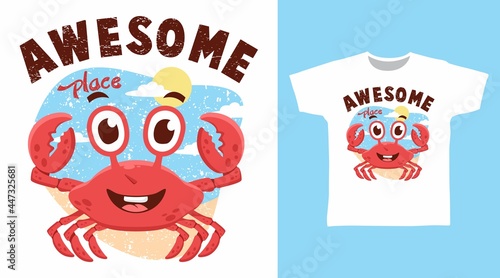 Cute awesome crab illustration t-shirt design vector concept.