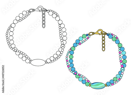 Handmade jewelry:  bracelet in two threads with large oval bead. Vector illustration isolated on a white background.