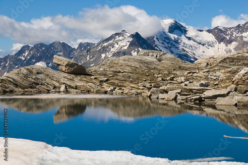 Amazing view of Smeraldo lake on Passo of Monte Moro with Monte Rosa in the background in Piedmont