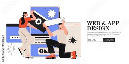 Design and programming banner, web landing page, advertisement. Designers working on ui ux design or mobile application. Studio or agency prototyping or coding web page or mobile app. Cms development.