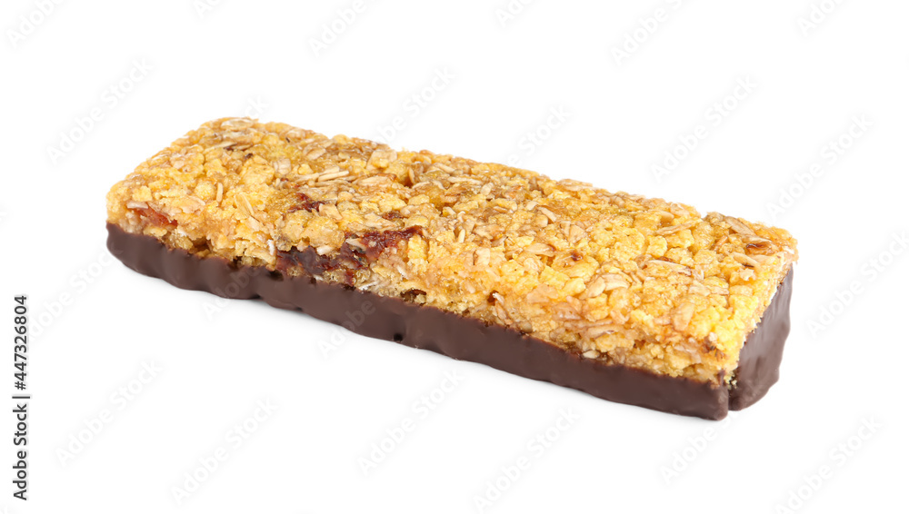 Granola bar with chocolate isolated on white. High protein snack Granola bar with chocolate isolated on white. High protein snack