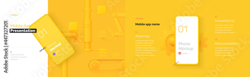 Modern presentation of a mobile application. Mobile phone mockup on a yellow background with a description of the mobile application. Modern illustration 3D style.	
