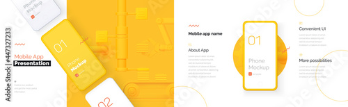 Modern presentation of a mobile application. Mobile phone mockup on a yellow background with a description of the mobile application. Modern illustration 3D style.	
