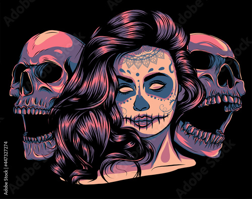 Dead girl with two sugar skulls. vector