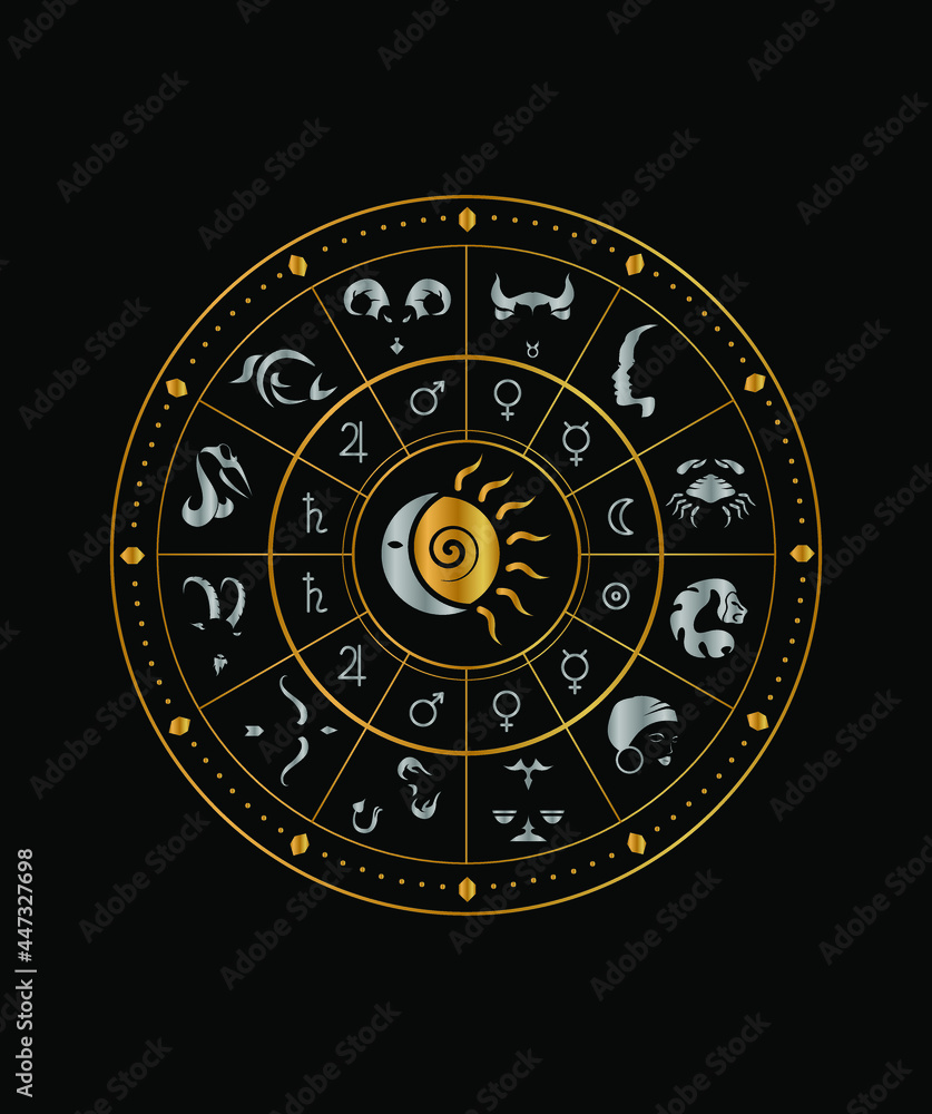 The illustration - zodiac chart in black and gold color.
