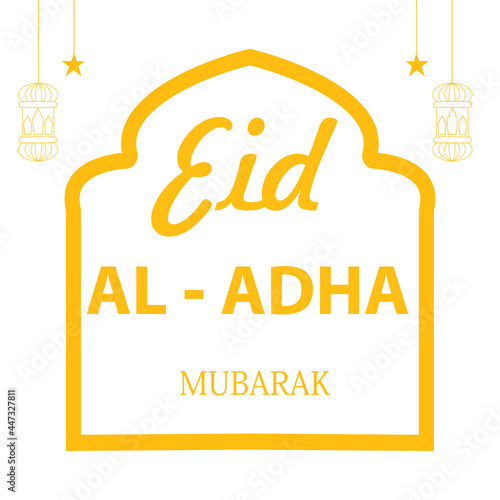 IDUL ADHA GREETINGS IN THE FORM OF A MOSQUE FRAME WITH TEXT. MINIMALIST GOLD COLOR image. Muslim holiday sacrificing animals to God, Eid al-Adha greeting card concept, image design illustration
