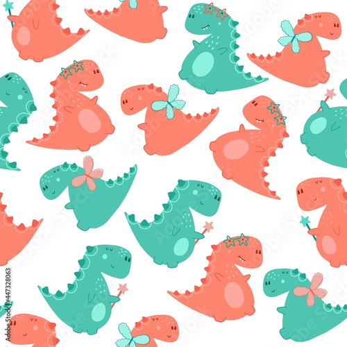 Cute dinos with stars  wings  magic wand. Seamless pattern on white background. Vector illustration in childish style. Perfect for kids apparel  fabric  textile  nursery decoration  wrapping paper