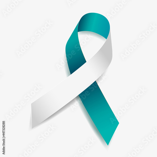 Teal and white ribbon awareness Cervical Cancer. Isolated on white background. Vector  illustration.