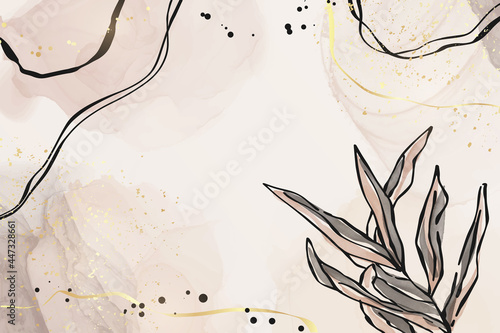 Abstract dusty pink and grey liquid watercolor background with branch and gold foil elements. Pastel alcohol ink drawing effect with golden stains. Vector illustration of botanical elegant wallpaper