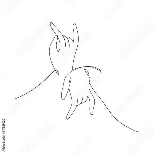 Two Buddha hands drawn in one line. Symbol of Buddhism, Yoga, Hinduism, Spirituality. Yoga mudra. Black and white vector illustration.