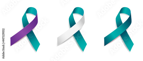 Set of tree teal ribbon awareness Cervical Cancer, Sexual Assault, Polycystic Ovarian Syndrome, Suicide, Domestic Violence,  PTSD, Isolated on white background. Vector  illustration.