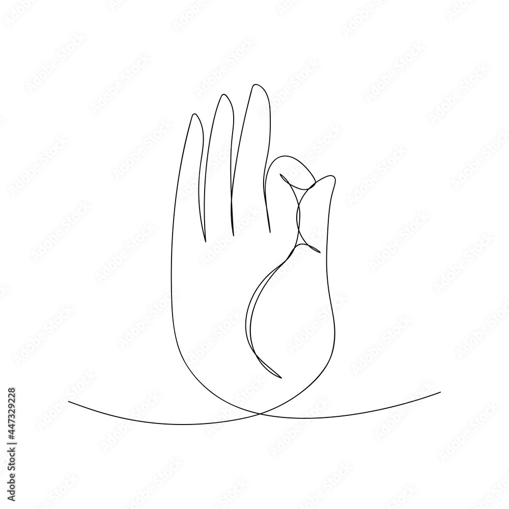 Om mudra hand drawn in one line. Symbol of Buddhism, Yoga, Hinduism, Spirituality. Yoga mudra. Black and white vector illustration. Om mudra hand drawn in one line. Symbol of Buddhism, Yoga, Hinduism, Spirituality. Yoga mudra. Black and white vector illustration.