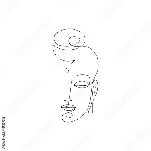 One line drawn buddha head. Symbol of Buddhism, Yoga, Hinduism, Spirituality. Buddha line art. Black and white vector illustration.