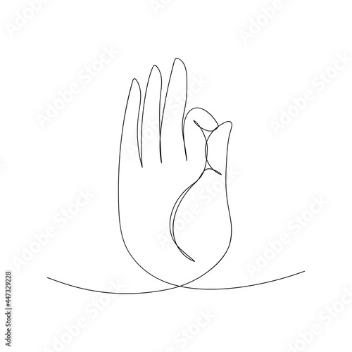 Om mudra hand drawn in one line. Symbol of Buddhism, Yoga, Hinduism, Spirituality. Yoga mudra. Black and white vector illustration.