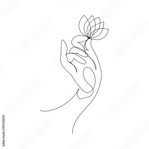 Hand holds a lotus flower hand drawn by one line. Symbol of Buddhism, Yoga, Hinduism, Spirituality. Yoga mudra. Black and white vector illustration.