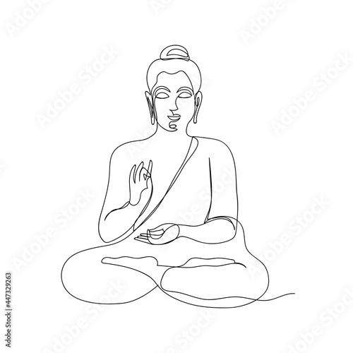Buddha in meditation drawn in one line. Symbol of Buddhism, Yoga, Hinduism, Spirituality. Buddha line art. Black and white vector illustration.