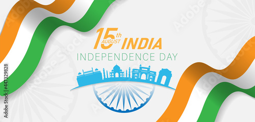 15 th August Indian Independence Day banner template design with Indian flag and silhouette of Indian monument.