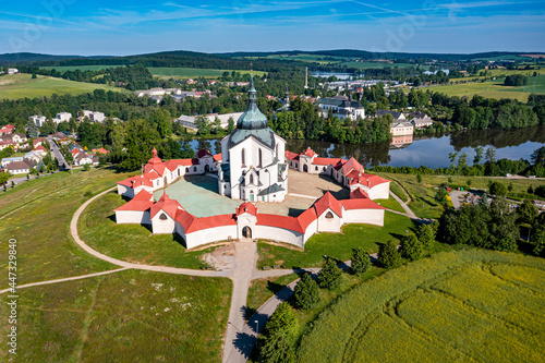 Aerial of the Pilgrimage Church of Saint John of Nepomuk, UNESCO World Heritage Site, Zelena Hora, Czech Republic