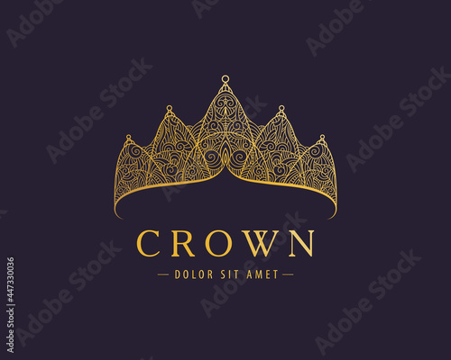 Abstract luxury, royal golden company logo icon vector design. Elegant crown, tiara, diadem premium symbol. Hand drawn lace jewelry, arabic, restaurant, hotel logotype