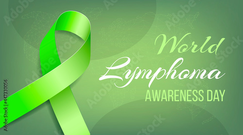 World Lymphoma awareness day concept. Banner with lime ribbon awareness, text and world map. Vector illustration.