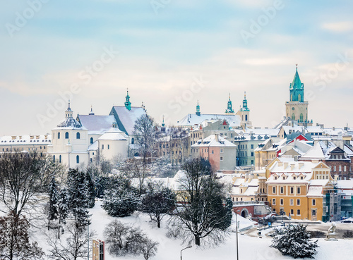 Old Town skyline featuring Dominican Priory, Cathedral and Trinitarian Tower, winter, Lublin, Lublin Voivodeship, Poland photo