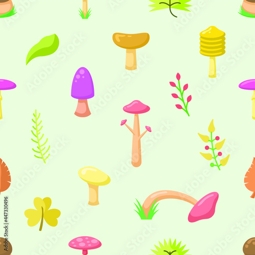 Seamless Pattern Abstract Elements Mushrooms Leaves Leaf Forest Vector Design Style Background Illustration Texture For Prints Textiles, Clothing, Gift Wrap, Wallpaper, Pastel