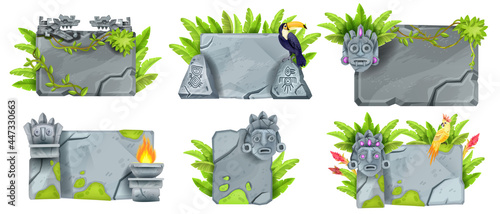 Tropical stone sign board set, vector maya game UI rock panel, Aztec jungle totem face, tiki mask, toucan. Gray cracked square block kit, old granite boulders on white. Maya stone sign banners clipart