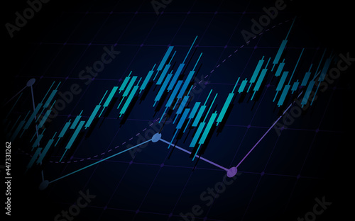 close up financial graph with up trend line candlestick chart in stock market on blue color background