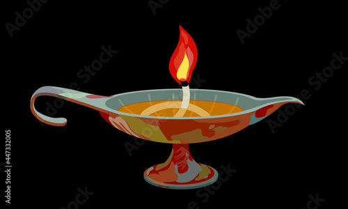 decorative ancient oil lamp with a wick and a red flame, interior element, color vector illustration on a black background in a cartoon style and flat design