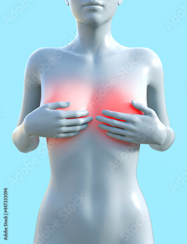 3d render illustration of female figure with breast highlighted with red lights, breast cancer or woman health concept.