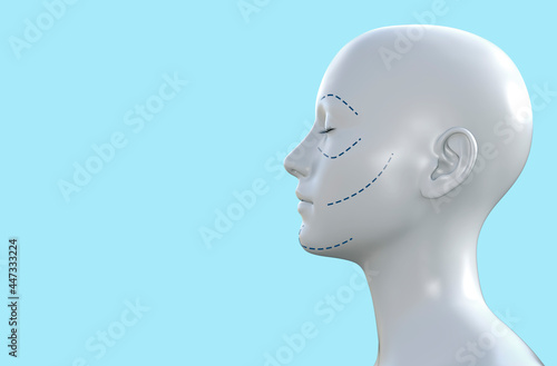 3d render illustration of female face and figure with plastic surgery face lift lines on blue background.
