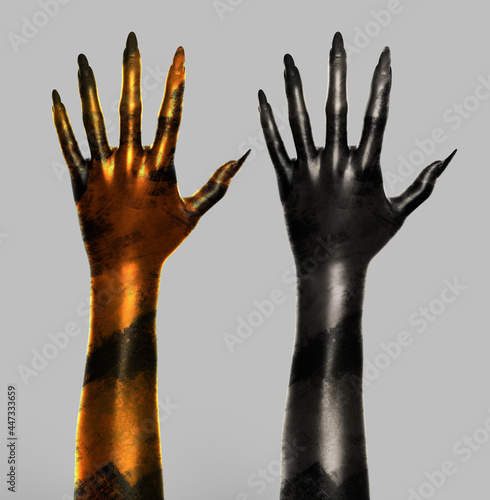 3d render illustration of female gold and silver colored creature or witch hand poses isolated on grey background.
